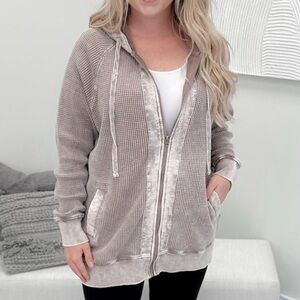 NWT Distressed Juno Waffle Zip Hoodie Deep Taupe size L​